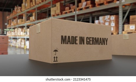 Boxes with MADE IN GERMANY text on conveyor. 3d rendering.