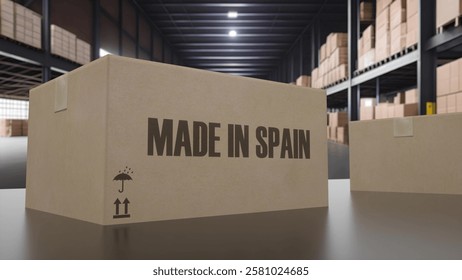 Boxes with MADE IN SPAIN text on conveyor. 3d illustration.