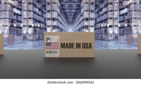 Boxes with MADE IN USA text on conveyor. American goods related. 3d rendering.