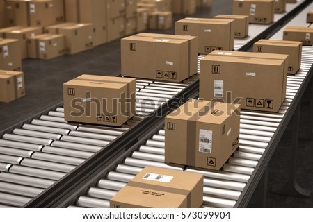 Boxes on conveyor roller. 3D Rendering