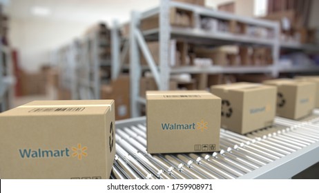 Boxes on warehouse conveyor. Editorial 3d 3d rendering