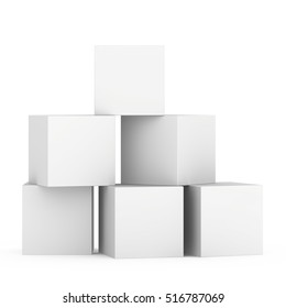 Boxes Stacked Building Concept On White Background With Reflection. 3d Rendering.