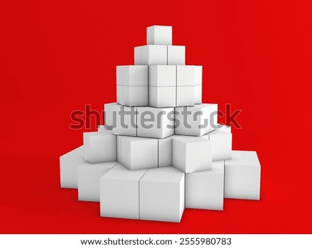 Boxes standing on top of each other. Happy new year concept. Christmas. HAPPY NEW YEAR! Christmas tree made of white boxes. Ecology project. Recycling concept. Christmas concept.