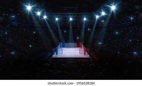 Boxing Fight Ring. Audience View Of Sports Arena With Fans And Shining Spotlights. Digital Sport 3D Illustration.	
