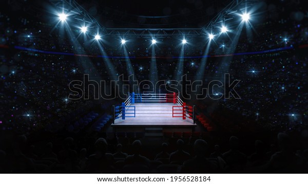 Boxing\
fight ring. Audience view of sports arena with fans and shining\
spotlights. Digital sport 3D\
illustration.	\
