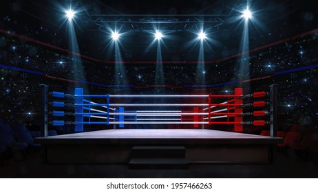 Boxing fight ring close-up. Interior view of sport arena with fans and shining spotlights. Digital sport 3D illustration.