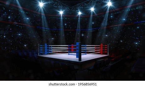 Boxing Fight Ring From Corner View. Interior Of Sport Arena With Fans And Shining Spotlights. Digital Sport 3D Illustration.