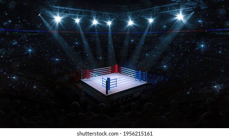 Boxing Fight Ring. Fans View Of Sport Arena With Shining Spotlights. Digital Sport 3D Illustration.	
