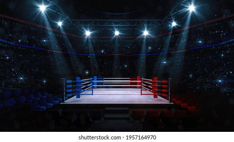 Boxing Fight Ring. Interior Upper View Of Sport Arena With Fans And Shining Spotlights. Digital Sport 3D Illustration.