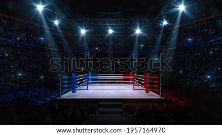 Boxing fight ring. Interior upper view of sport arena with fans and shining spotlights. Digital sport 3D illustration.
