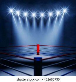 Boxing Ring Corner And Floodlights , Fight Night Event , 3d Illustration