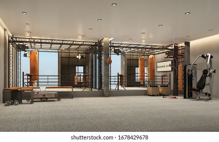 Boxing ring Boxing gym with equipment training in industrial loft style and with and carpet floor fitness equipment for boxers 3d rendering  - Powered by Shutterstock