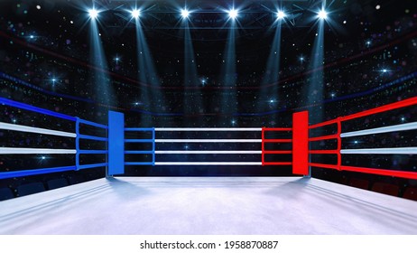 In The Boxing Ring. Interior View Of Sport Arena With Fans And Shining Spotlights. Digital Sport 3D Illustration.