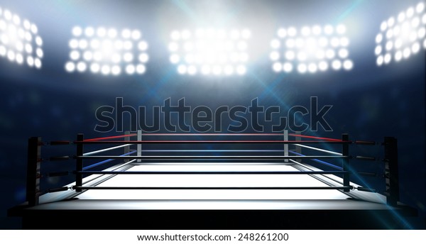 An boxing ring surrounded by ropes\
spotlit by floodlights in an arena setting at\
night