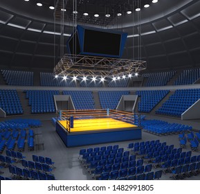 Boxing Stadium, Brightly Lit Ring With Television Screens Above It. 3d Illustration