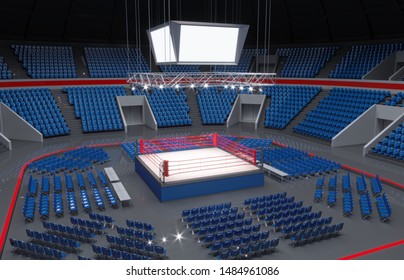 Boxing Stadium, White Brightly Lit Ring And Monitors Above It. 3d Illustration