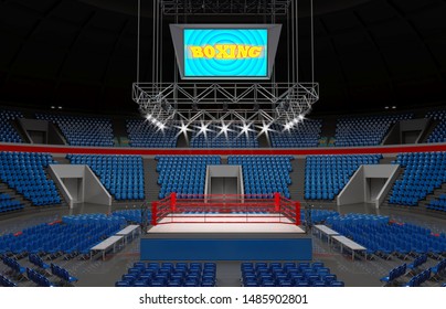 Boxing Stadium, White Brightly Lit Ring And Monitors Above It. 3d Illustration