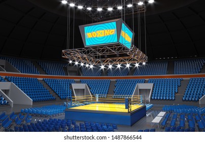 Boxing Stadium, White Brightly Lit Ring And Monitors Above It. 3d Illustration