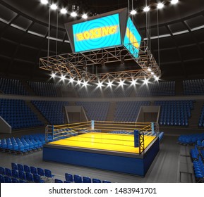 Boxing Stadium, Yellow Brightly Lit Ring And Monitors Above It. 3d Illustration