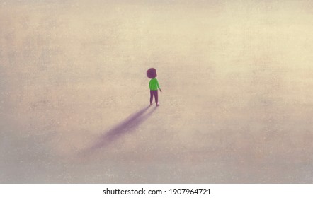 Boy Alone With The Light , Painting Illustration, Surreal Art, Lonely Solitude And Hope Concept, Artwork, Child Dream