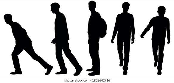 Boy With Backpack In Back Without Movement, Stands Straight, Upright. Man Runs Forward Towards The Observer. Male Silhouette Takes A Big Step Forward, Falls Forward. Side View, Profile, Full Face.