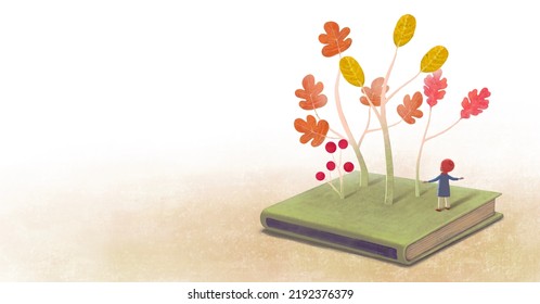 A boy and a book of Autumn tree. Concept idea art of education, imagination, inspiration, creative, and nature, conceptual artwork. 3d illustration. leaves - Powered by Shutterstock