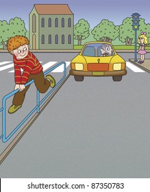 Boy Climbed Over The Fence, Breaking The Rules Of The Road