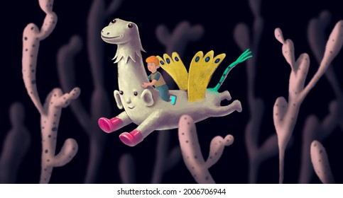 A Boy With A Cute Monster Character Design, 3d Illustration, Imagination And Dream Concept Idea, Fantasy Art, Surreal Artwork