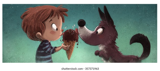 Boy And Dog Eating Ice Cream