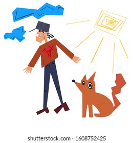 Boy with a dog under the sun and clouds, a fun time, isolated against a flat background, cartoon style and humor