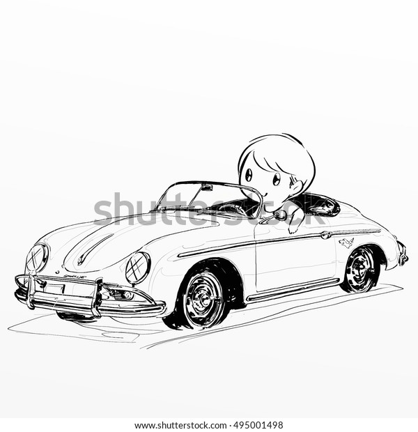 boy drive classic\
car cute cartoon\
style