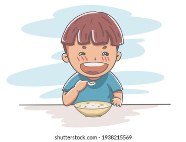 Cartoon Illustration Boy Eating Noodles Stock Vector (Royalty Free ...