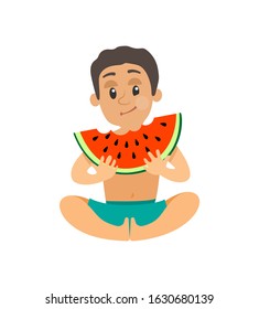 Boy Eating Watermelon, Holding Slice Of Summer Fruit, Sitting Teenager In Blue Shorts, Character With Full Cheeks, Child Enjoying Healthy Food Raster