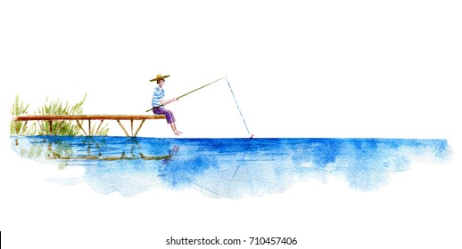 Boy Fishing.Lake And Pier. Watercolor Hand Drawn Illustration.Summer Vacation Image