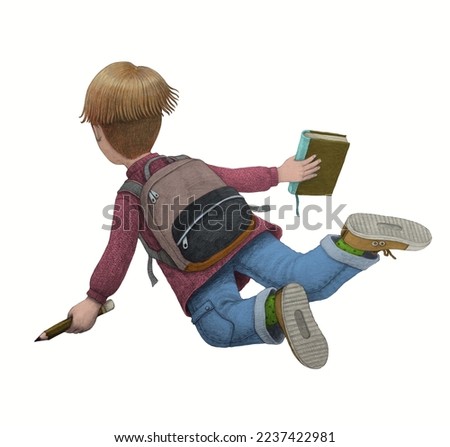 A boy flying with a book. Concept idea of education, child, kid, freedom and imagination. Cartoon character design isolated on a white background. surreal drawing and watercolor.