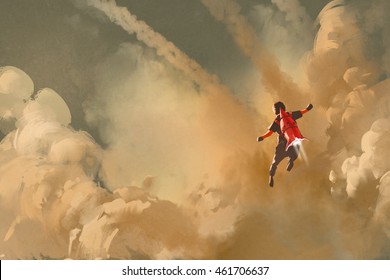 Boy Flying In The Cloudy Sky With Jet Pack Rocket,illustration Painting