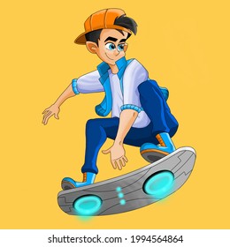 Boy Flying On Sci-fi Hoverboard.