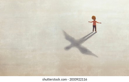 A boy with flying shadow, concept idea art of freedom dream imagination and hope, conceptual painting, surreal artwork, 3d illustration, minimal