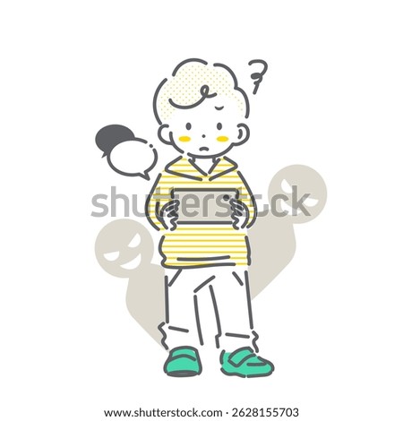 A boy getting into trouble for using a smartphone - Simple and cute line drawing illustration
