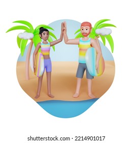 Boy And Girl Couple With Surfboards At Beach Doing High Five 3d Character Illustration