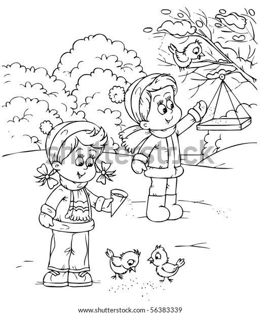 Boy Girl Feeding Sparrows Park Stock Illustration 56383339