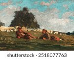 Boy and Girl in a Field with Sheep (1878) by Winslow Homer. Vintage kind in field art drawing illustration, old kids painting art print. American realism painting by famous artist Winslow Homer.