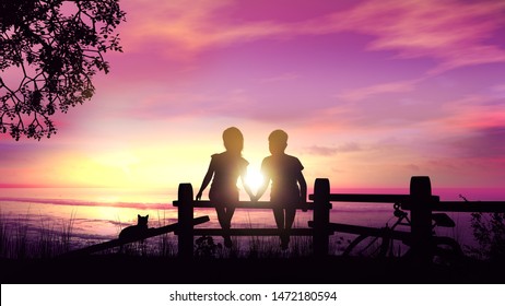 Boy Girl Sitting On Fence Against Stock Illustration 1472180597