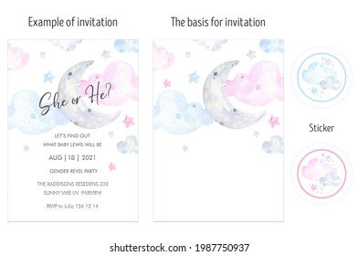 Boy or Girl invitation card layout watercolor. Gender reveal party Invitations card pink and blue, moon, clouds, sky, stars, Welcome Baby; Hello Girl; Hello Boy, baby shower, hello world, new parents. - Powered by Shutterstock