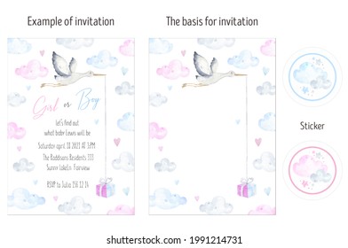 Boy or Girl invitation card layout watercolor. Gender reveal party Invitations card pink and blue. A stork flying in the sky delivering newborn baby. Blue and pink clouds. Baby shower invitation - Powered by Shutterstock