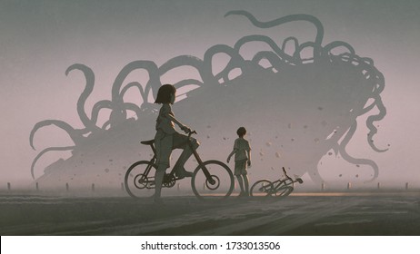 boy and girl looking at giant alien monster at the horizon, digital art style, illustration painting