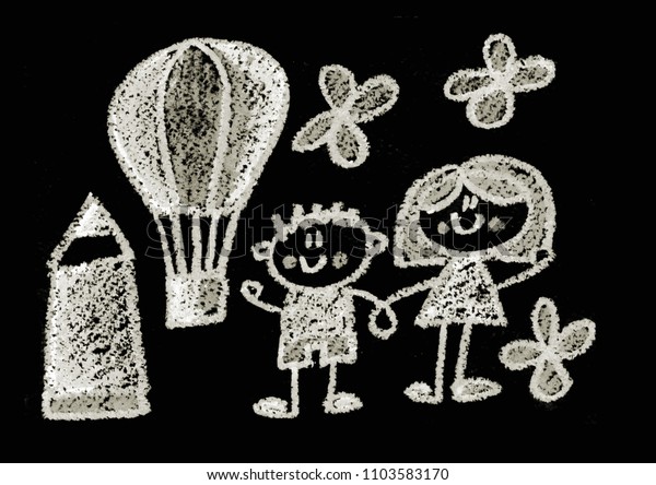 Boy Girl Pencil Hot Air Balloon Stock Illustration 1103583170