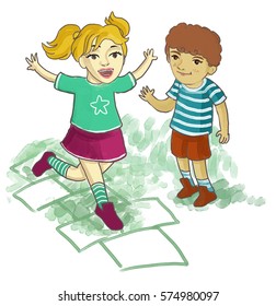 Boy Girl Playing Hopscotch Stock Illustration 574980097 | Shutterstock