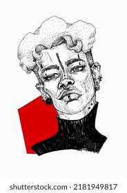 Boy Girl Portrait Aesthetic Fashion Head Pen And Ink Piercing Illustration