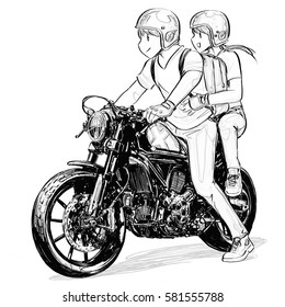 Boy And Girl Riding Classic Motorcycle